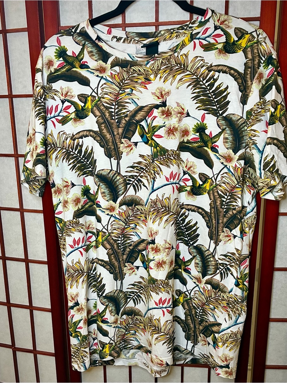 H&M White Tropical Bird Print Short-Sleeve Shirt with Green & Brown